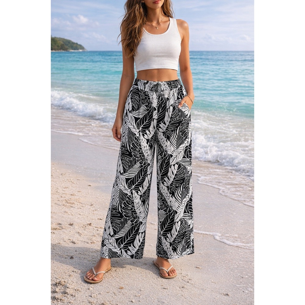 Grace The Perfect‎ Fit Large Black White Tropical Leaf Wide Leg Pants Boho